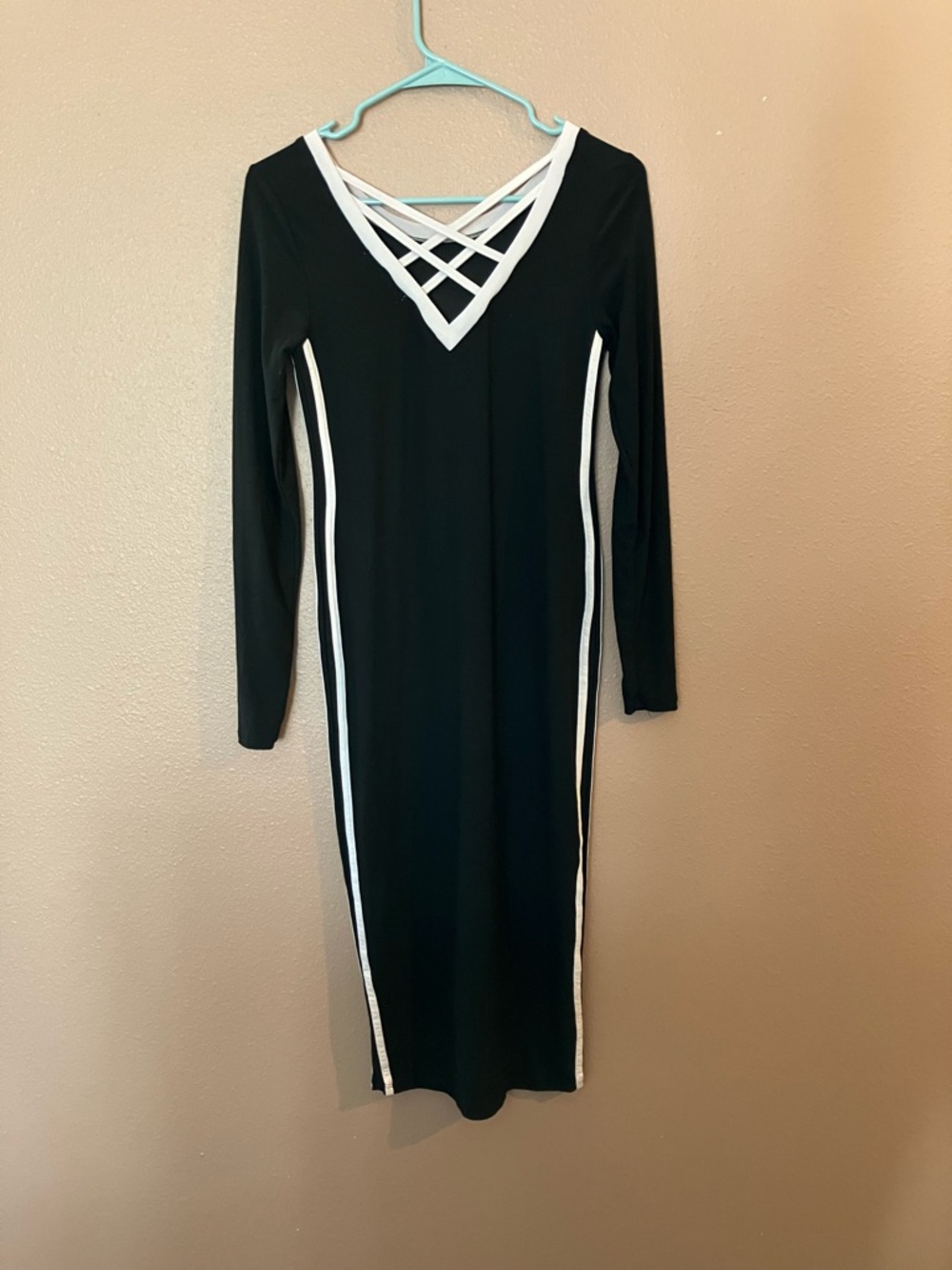 eye candy Black Long Sleeve Bodycon Dress with White Trim